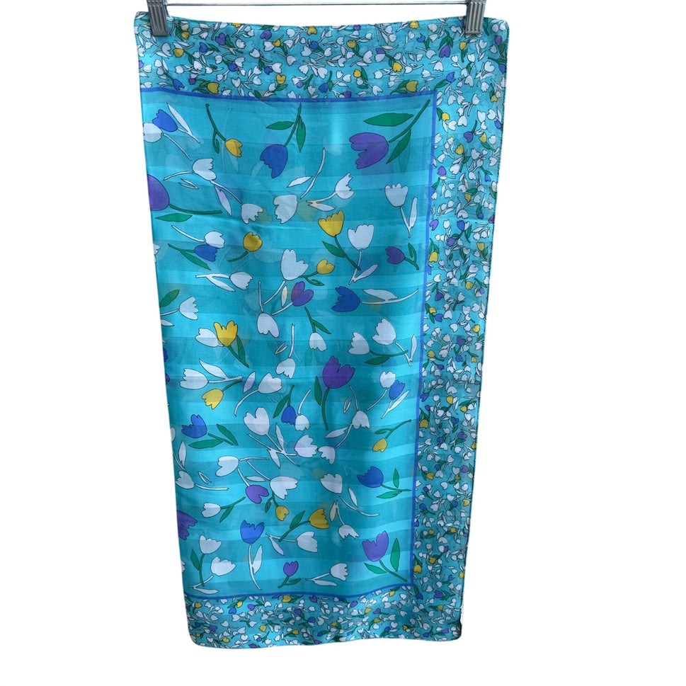 Vintage Italian Floral Turquoise Scarf Wrap Shawl Tulip Daisy Montgomery Ward