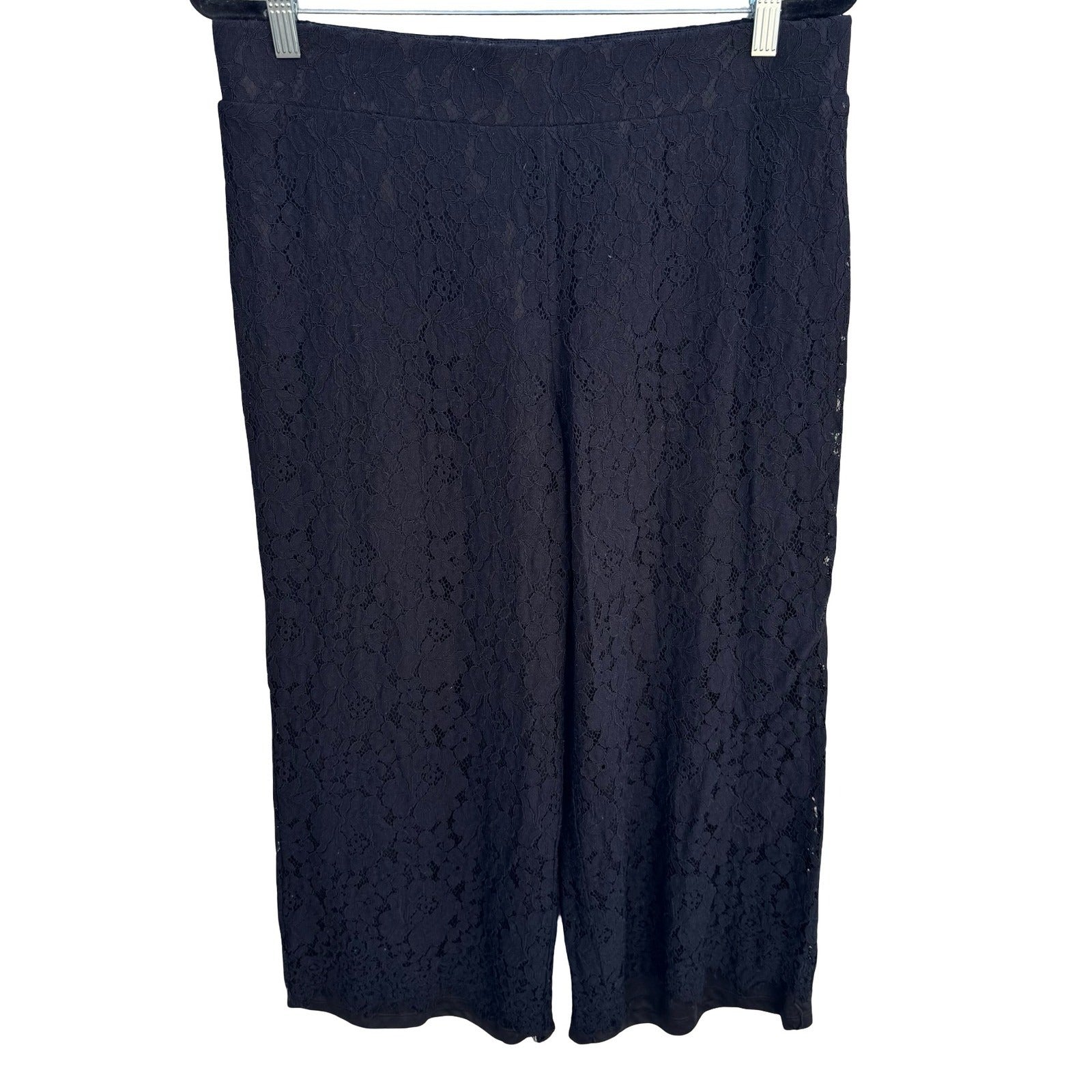 Isaac Mizrahi Live Womens Black Floral Lace Wide Leg Pull On Pants Size Medium