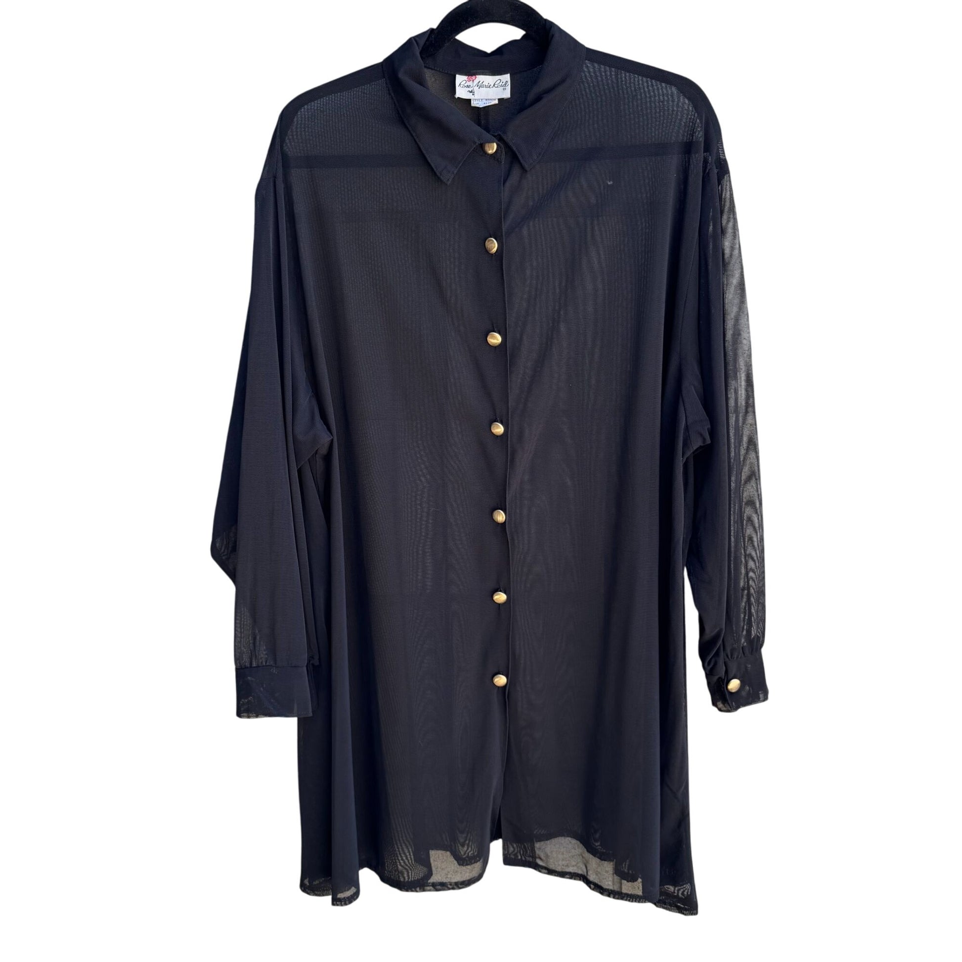 Rose Marie Reid Vintage Womens Black Glam Goth Sheer Button-Up Shirt Blouse L