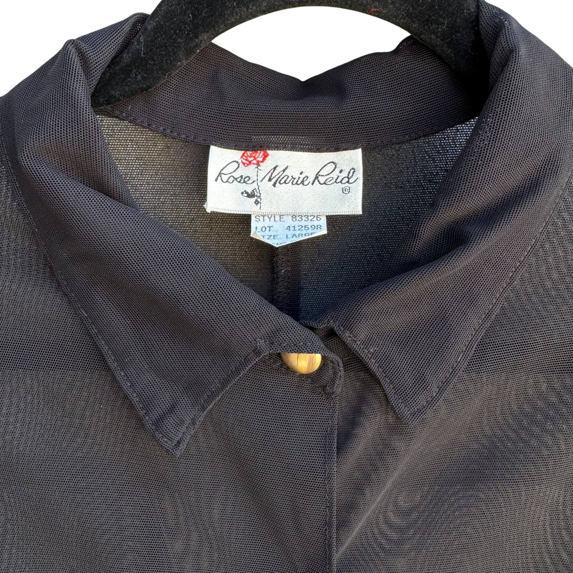 Rose Marie Reid Vintage Womens Black Glam Goth Sheer Button-Up Shirt Blouse L