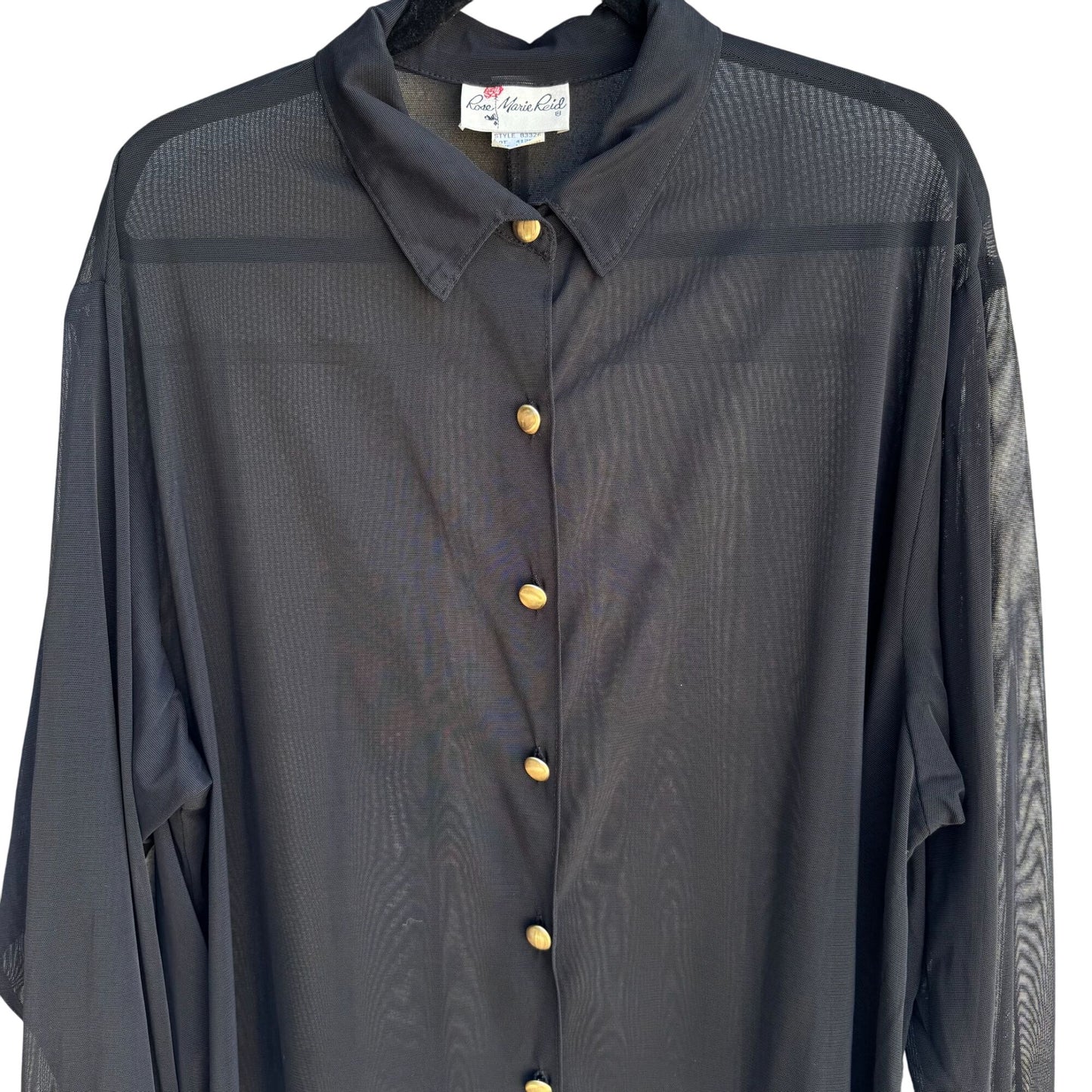 Rose Marie Reid Vintage Womens Black Glam Goth Sheer Button-Up Shirt Blouse L