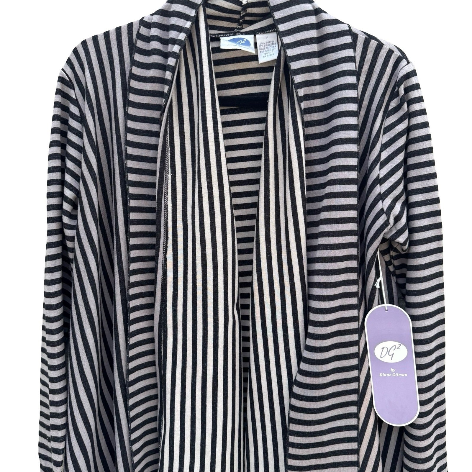 Diane Gilman DG2 Womens Striped Open Front Draped Cardigan Grey Black S  NEW