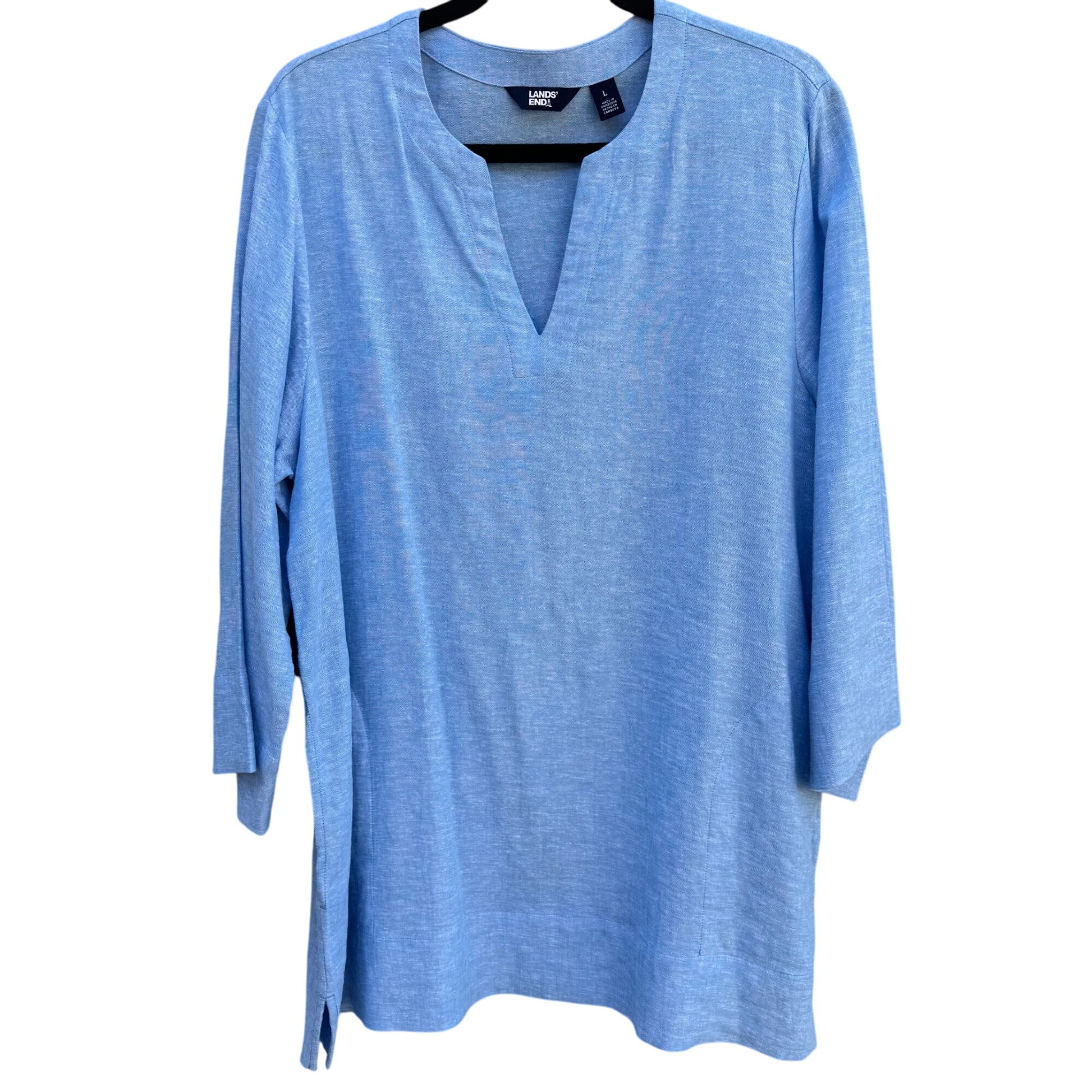 Lands End Womens Blue Split-Neck Minimalist Linen Blend Casual 3/4 Sleeve Tunic L