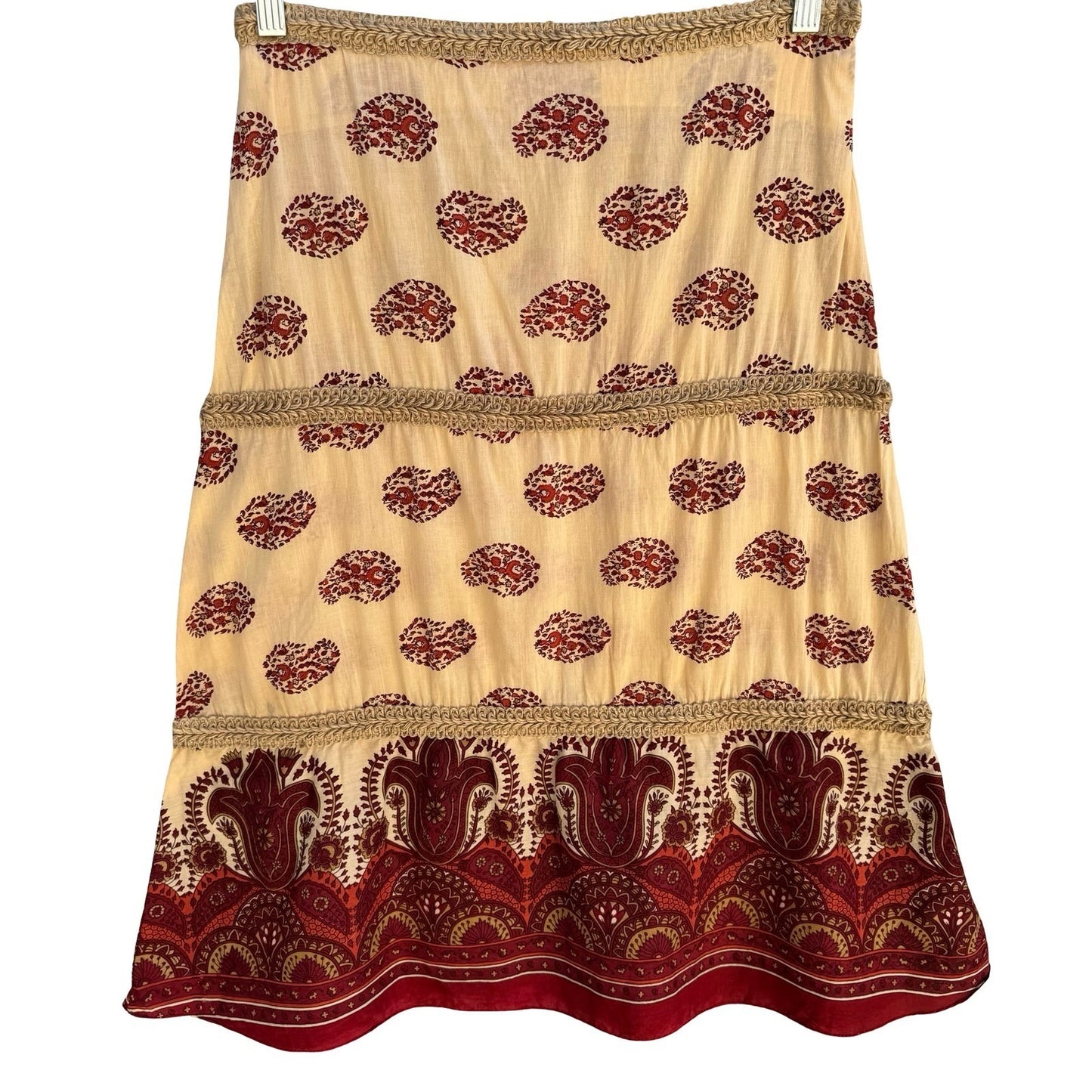 Boho Festival Paisley Block Print Tiered Skirt Red Braided Trim Ethnic Hippie S