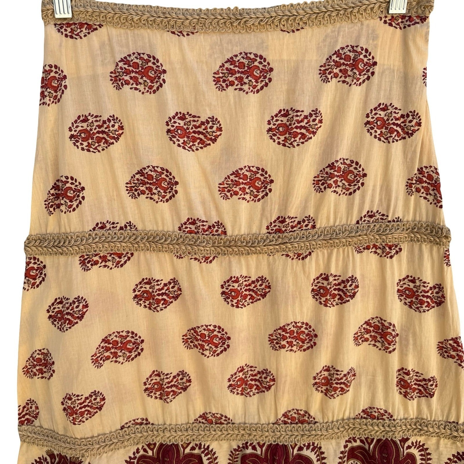 Boho Festival Paisley Block Print Tiered Skirt Red Braided Trim Ethnic Hippie S