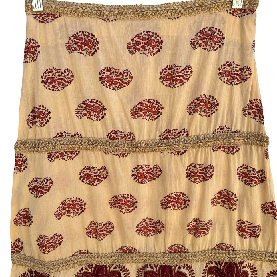 Boho Festival Paisley Block Print Tiered Skirt Red Braided Trim Ethnic Hippie S