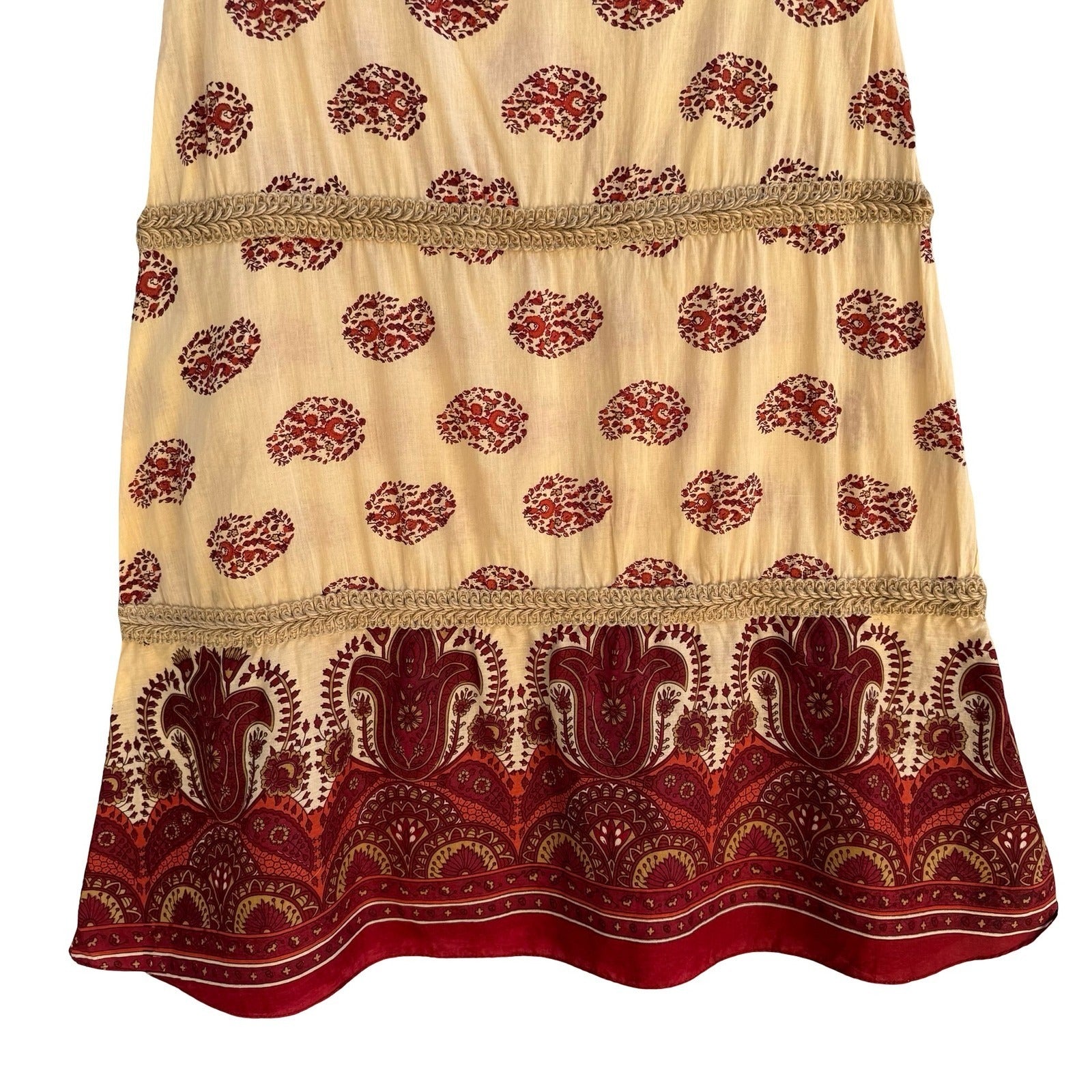Boho Festival Paisley Block Print Tiered Skirt Red Braided Trim Ethnic Hippie S