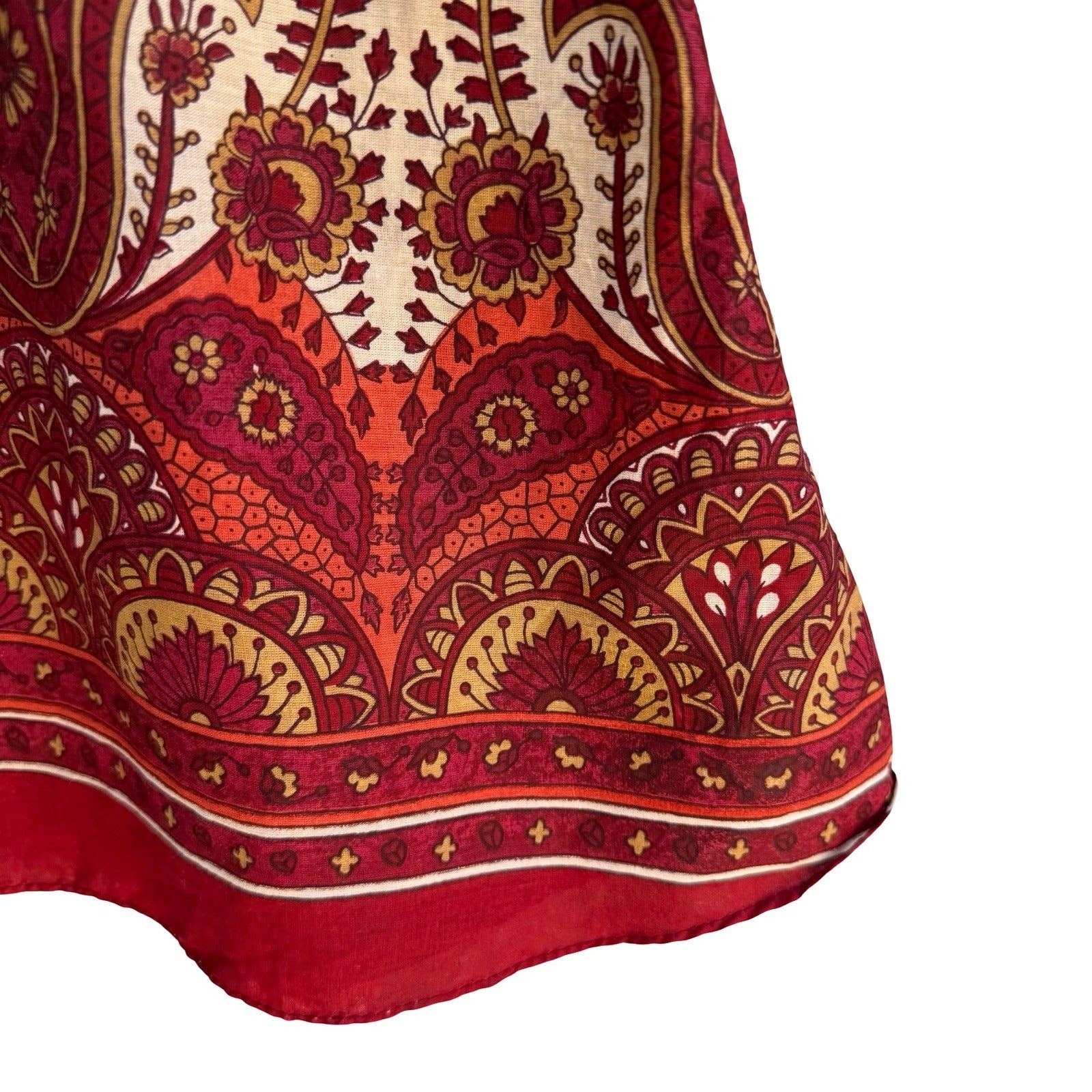 Boho Festival Paisley Block Print Tiered Skirt Red Braided Trim Ethnic Hippie S