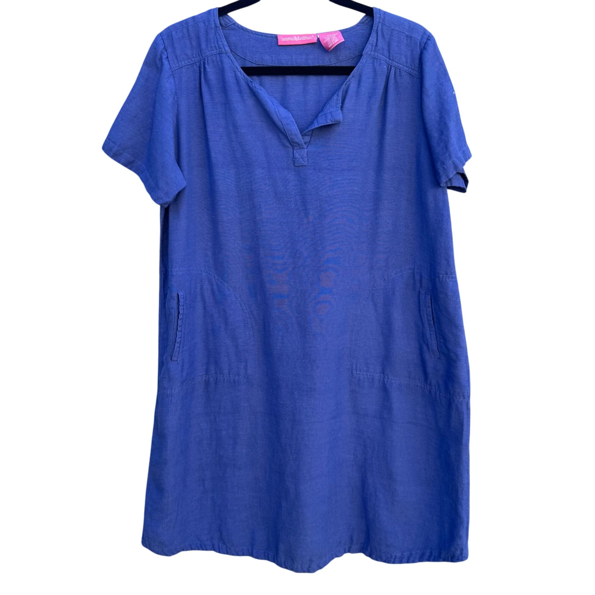 Woman Within Vintage Linen Short Sleeve V-Neck Blue Knee Length Pocket Dress 14W