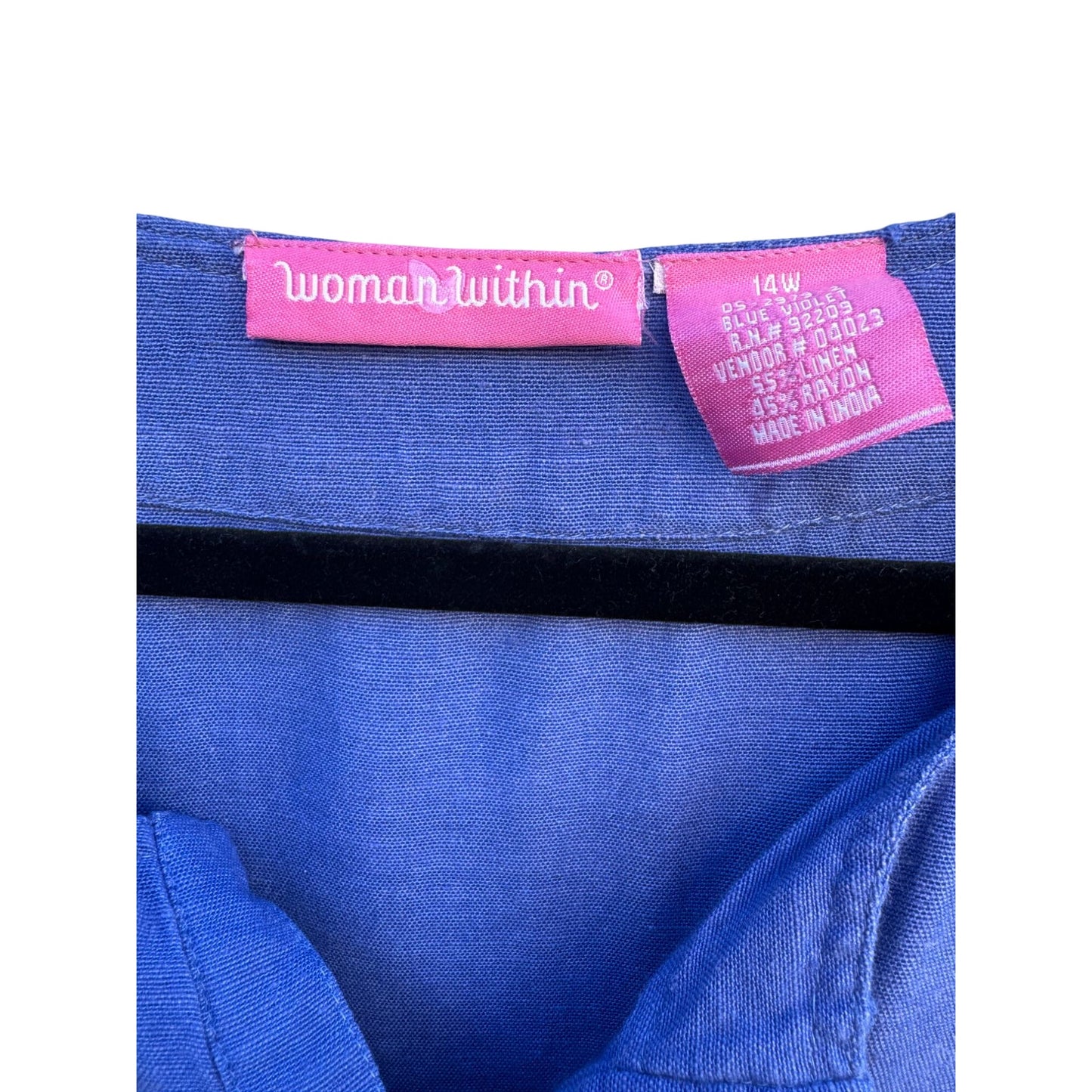 Woman Within Vintage Linen Short Sleeve V-Neck Blue Knee Length Pocket Dress 14W