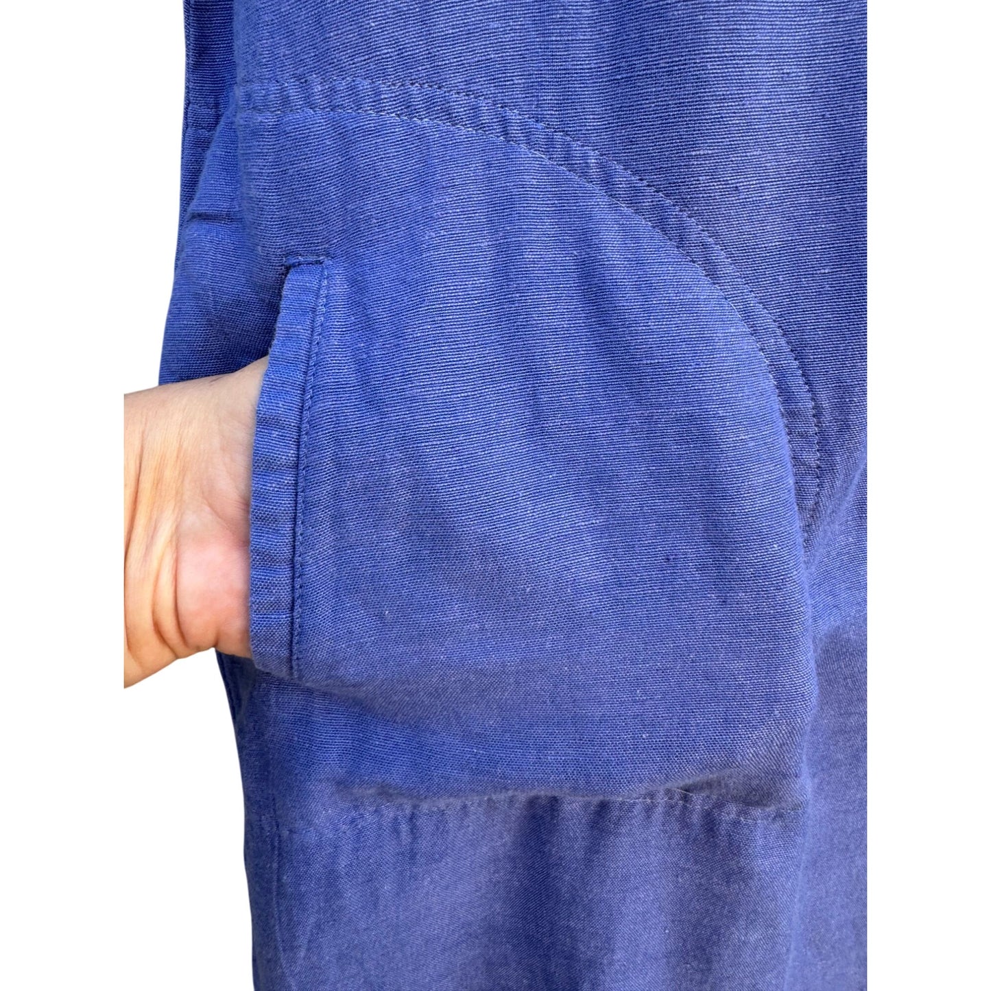 Woman Within Vintage Linen Short Sleeve V-Neck Blue Knee Length Pocket Dress 14W