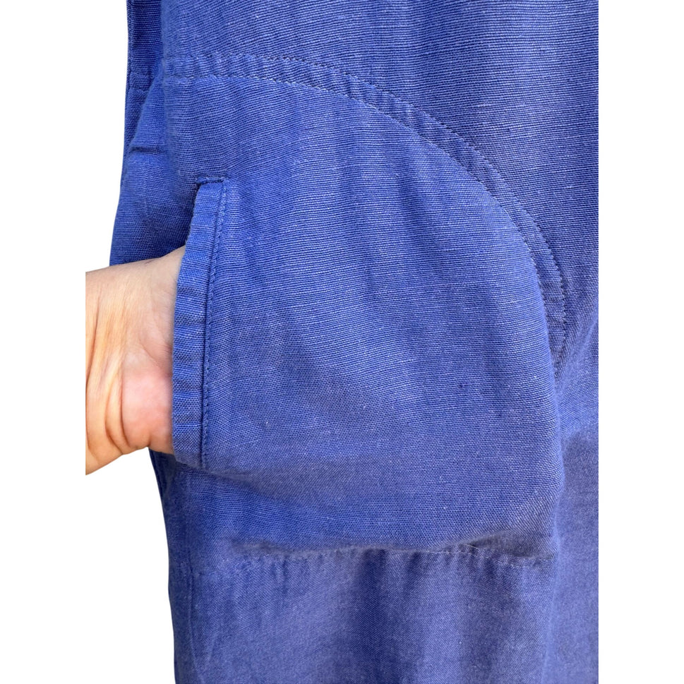 Woman Within Vintage Linen Short Sleeve V-Neck Blue Knee Length Pocket Dress 14W