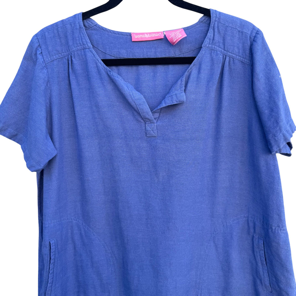 Woman Within Vintage Linen Short Sleeve V-Neck Blue Knee Length Pocket Dress 14W