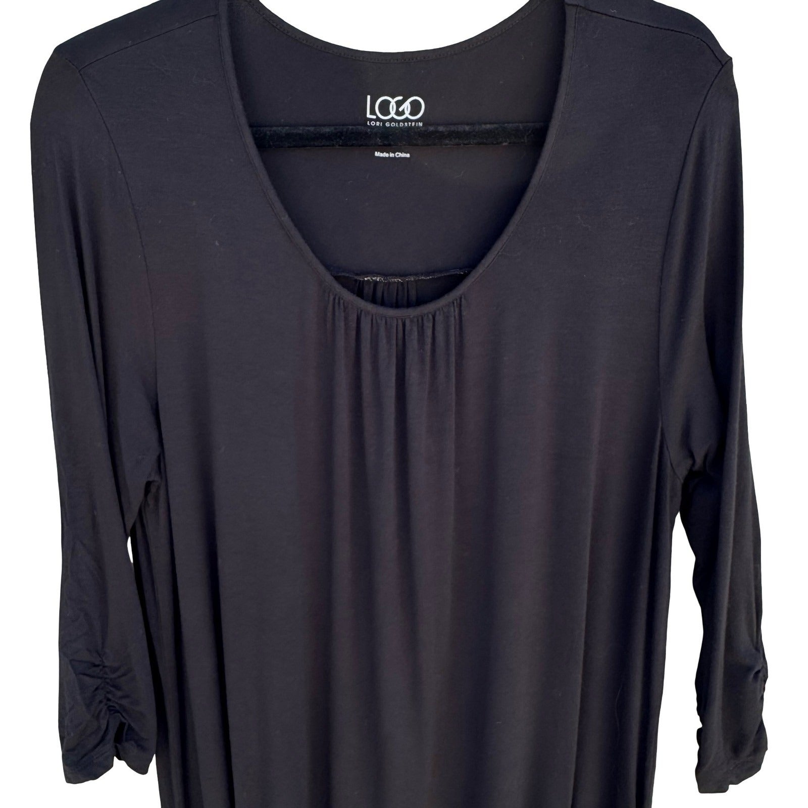 LOGO Lori Goldstein Black Tunic Top Large 3/4 Sleeve Ruched Pockets Scoop Neck