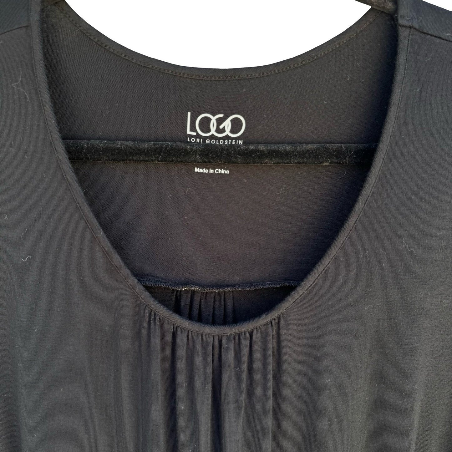 LOGO Lori Goldstein Black Tunic Top Large 3/4 Sleeve Ruched Pockets Scoop Neck