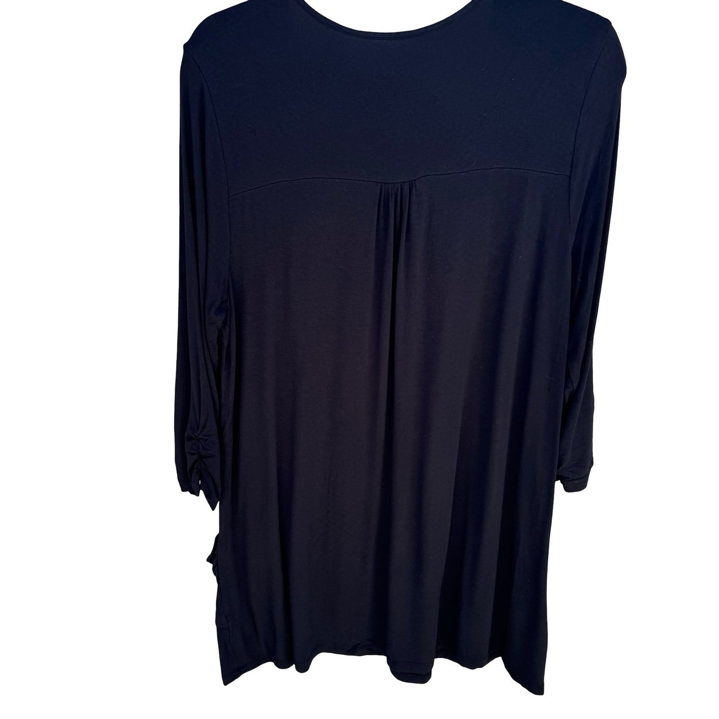 LOGO Lori Goldstein Black Tunic Top Large 3/4 Sleeve Ruched Pockets Scoop Neck