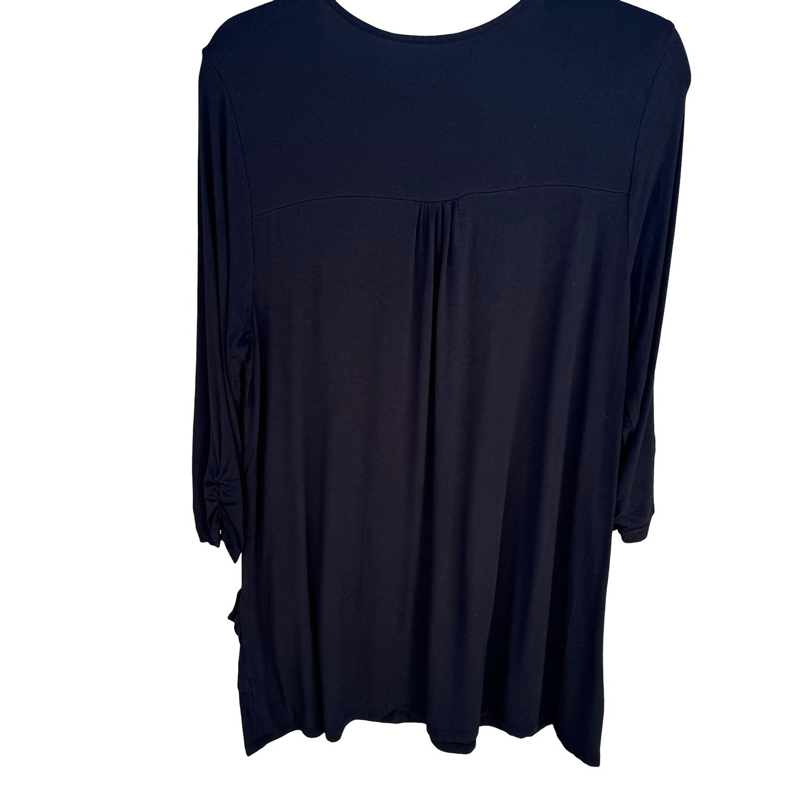 LOGO Lori Goldstein Black Tunic Top Large 3/4 Sleeve Ruched Pockets Scoop Neck