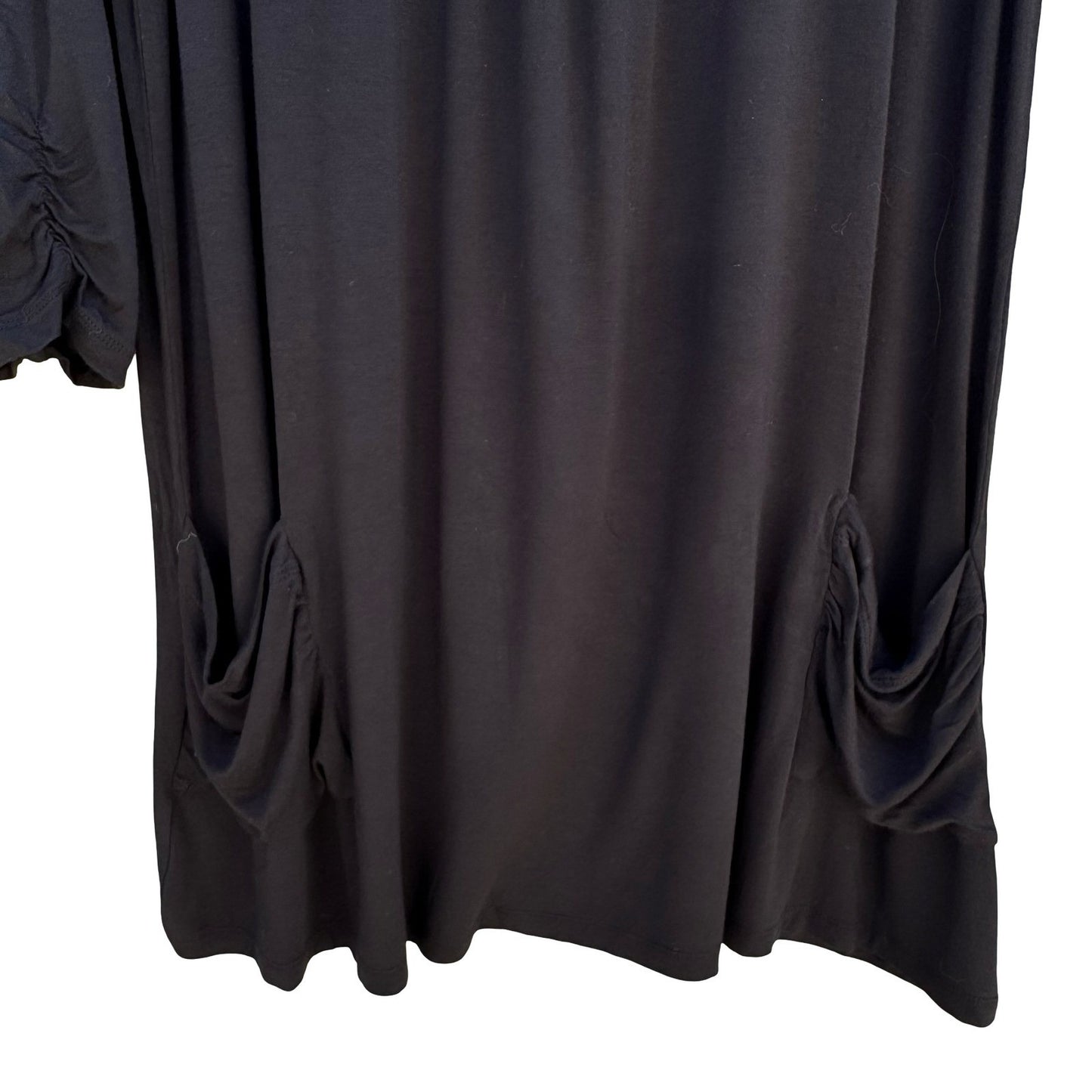 LOGO Lori Goldstein Black Tunic Top Large 3/4 Sleeve Ruched Pockets Scoop Neck
