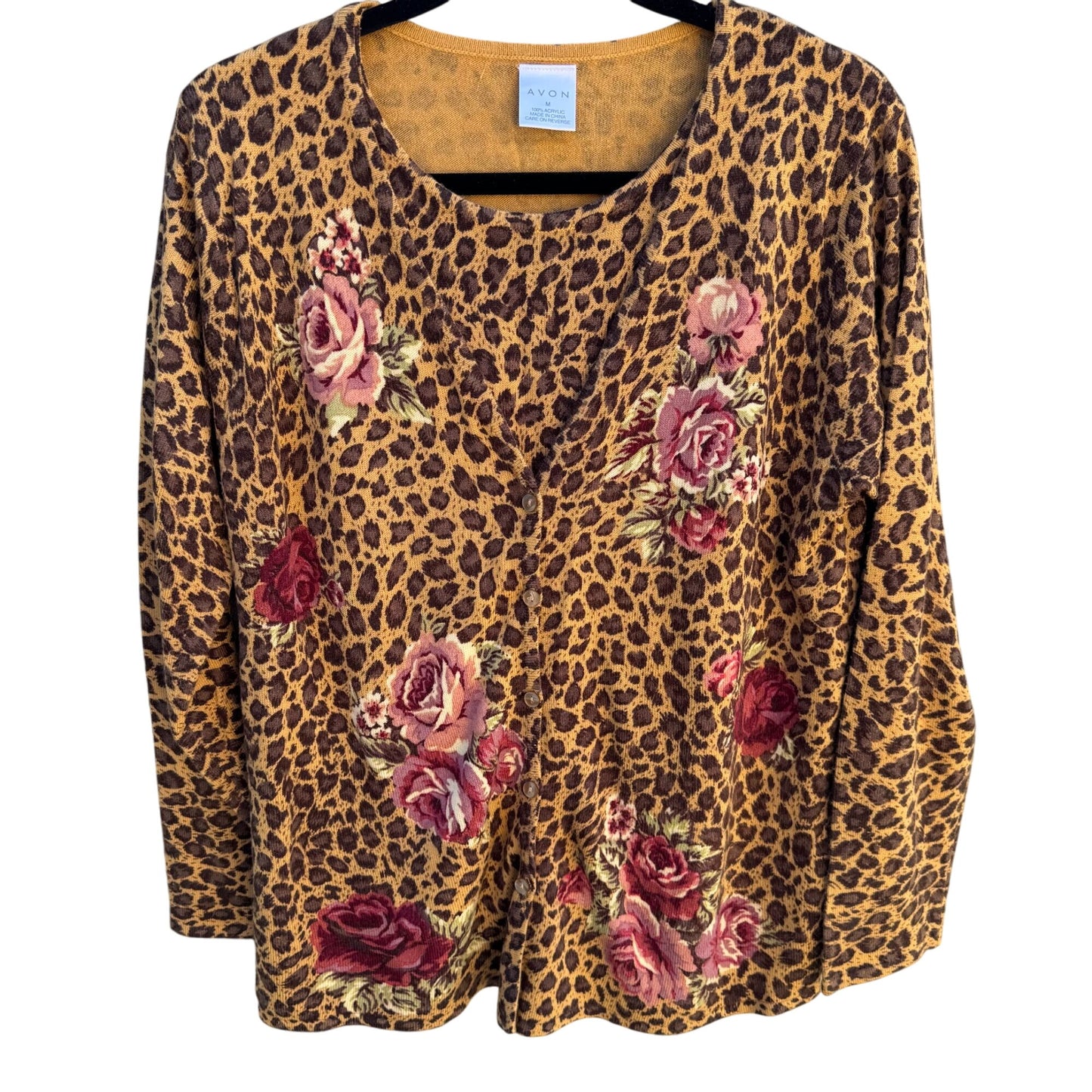 Avon Vintage Womens Leopard Print Rose Floral Knit One Piece Cardigan Sweater M
