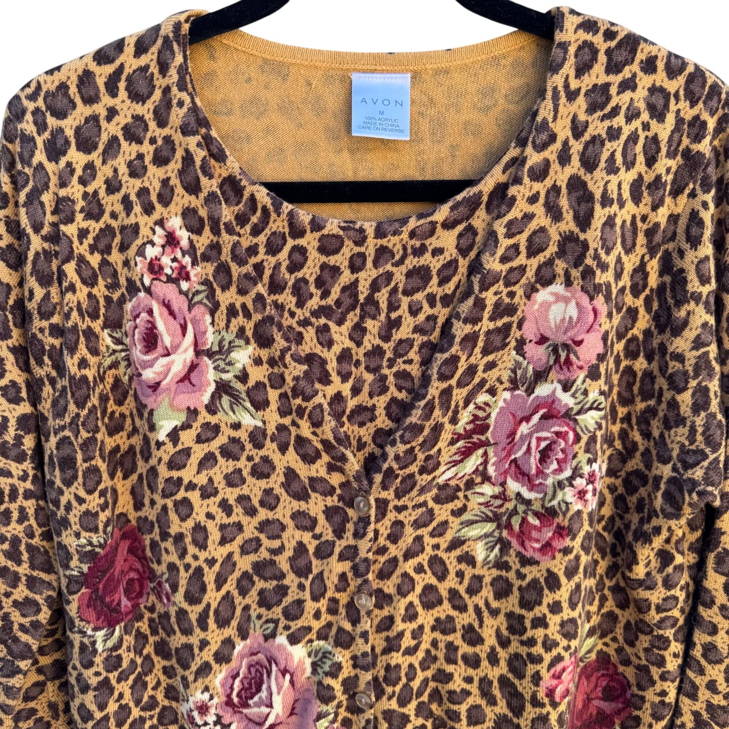 Avon Vintage Womens Leopard Print Rose Floral Knit One Piece Cardigan Sweater M
