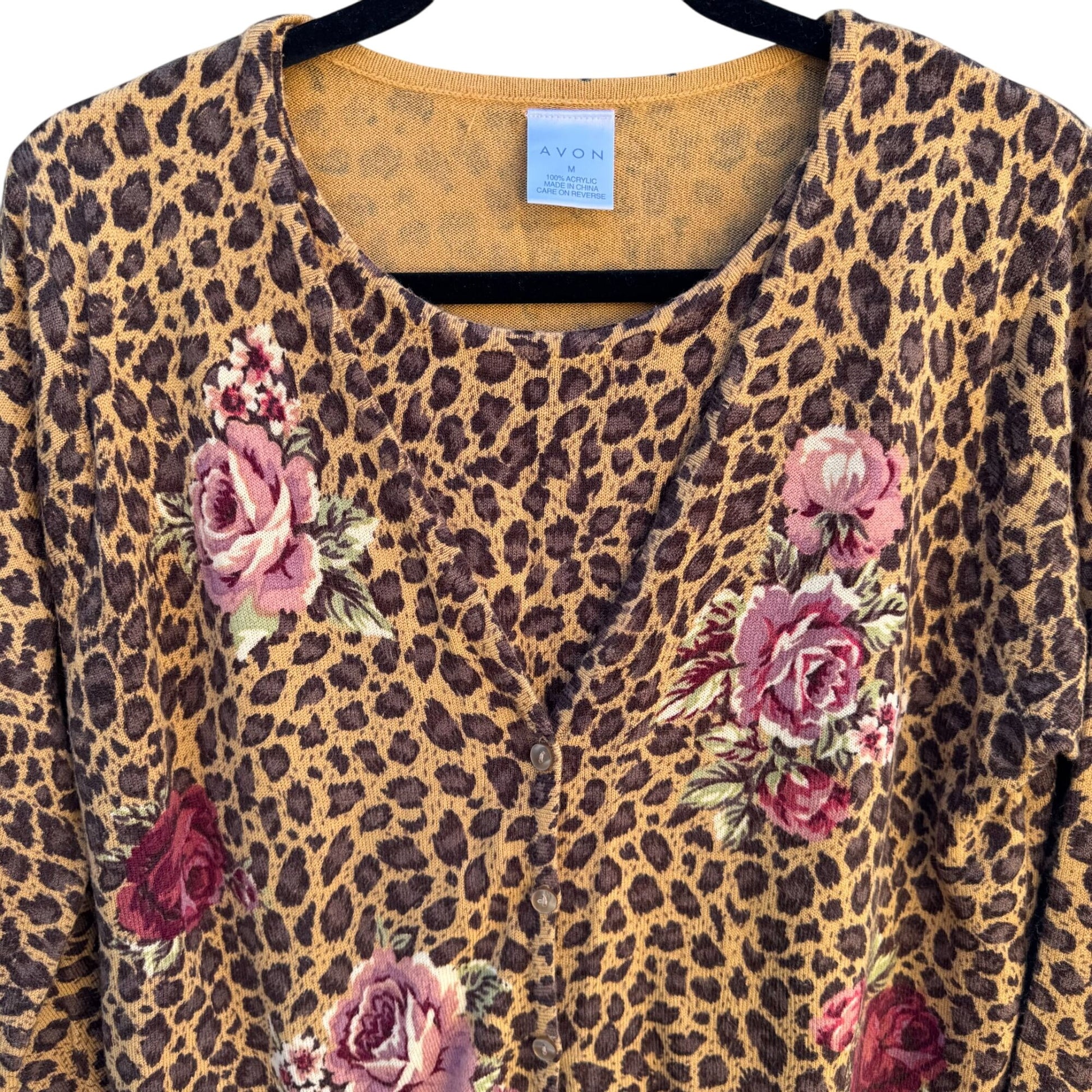 Avon Vintage Womens Leopard Print Rose Floral Knit One Piece Cardigan Sweater M