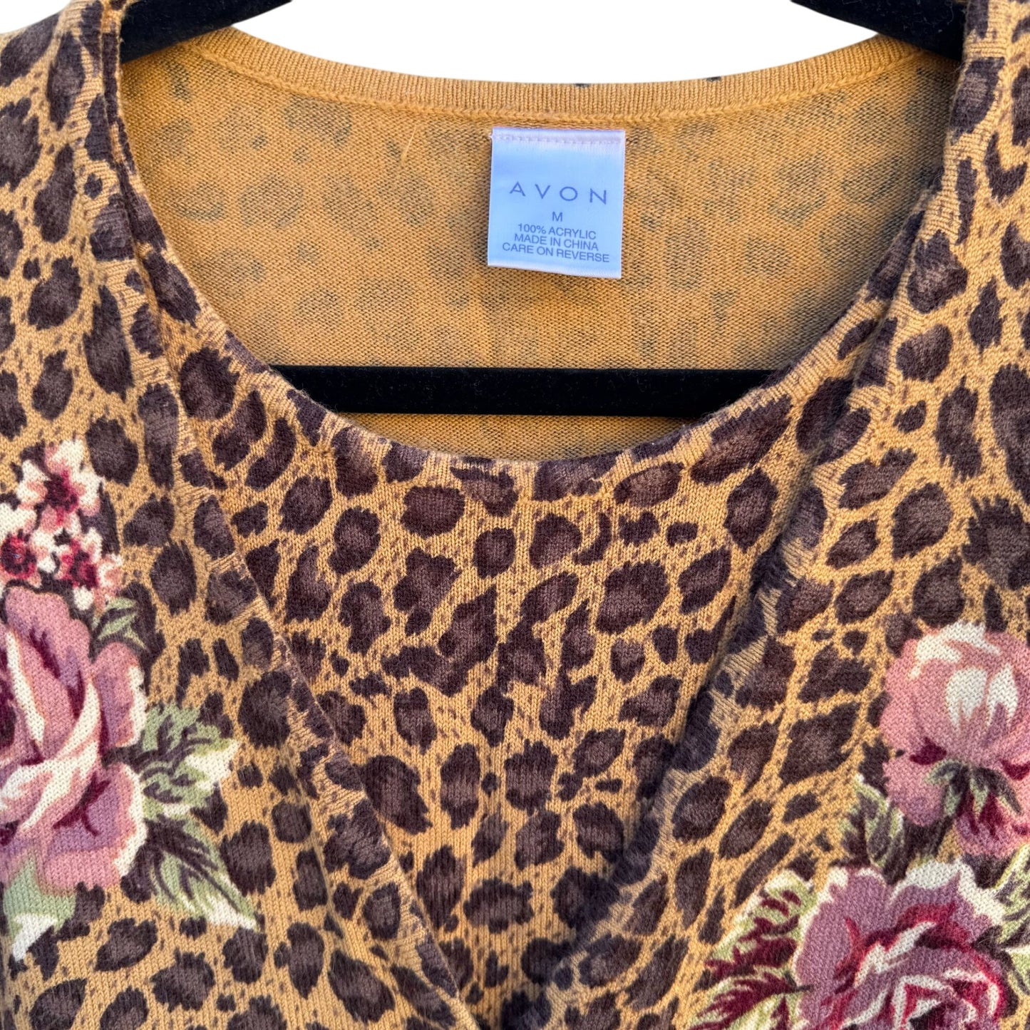 Avon Vintage Womens Leopard Print Rose Floral Knit One Piece Cardigan Sweater M