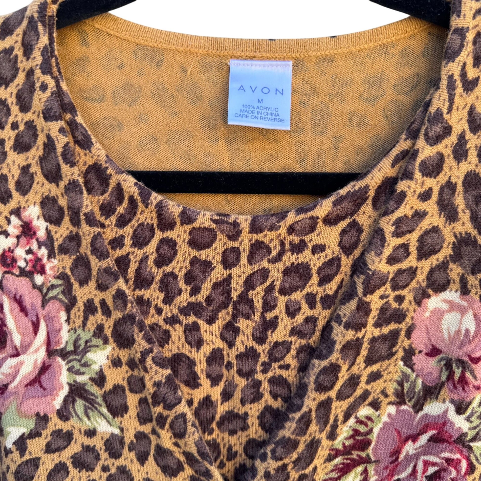 Avon Vintage Womens Leopard Print Rose Floral Knit One Piece Cardigan Sweater M