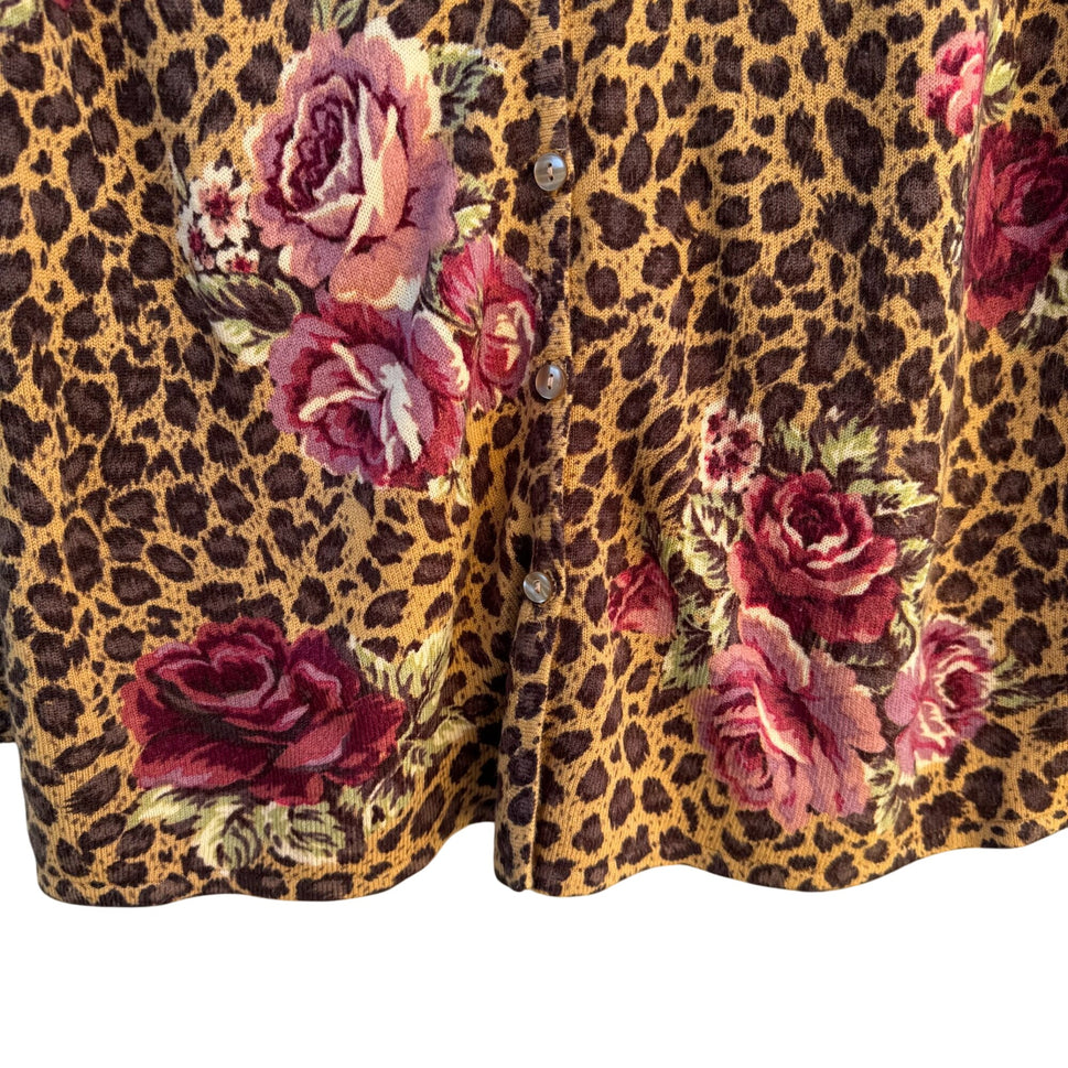 Avon Vintage Womens Leopard Print Rose Floral Knit One Piece Cardigan Sweater M