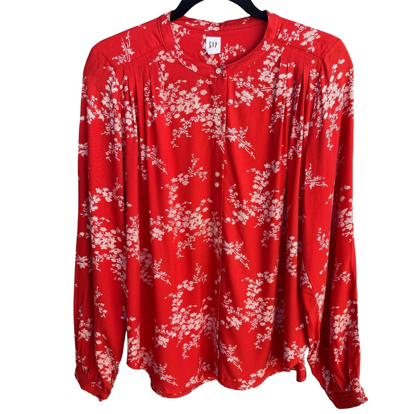Gap Womens Red Floral Boho Band Collar Button Front Tunic Blouse NEW M Cottage