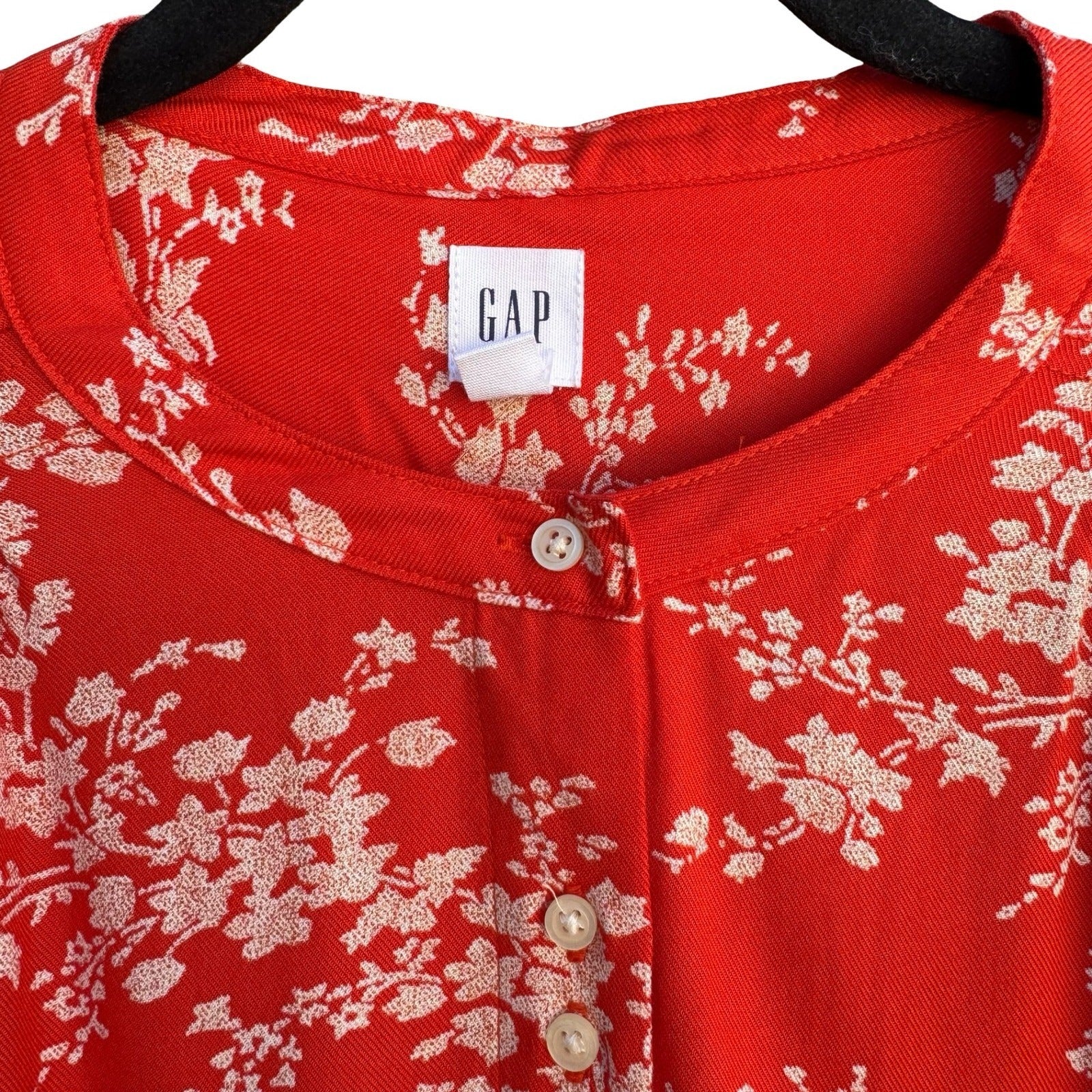 Gap Womens Red Floral Boho Band Collar Button Front Tunic Blouse NEW M Cottage