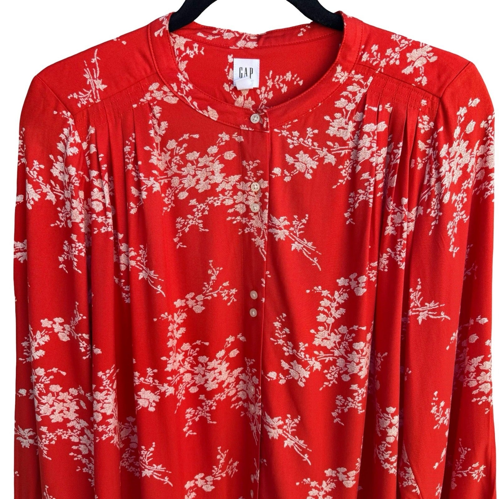 Gap Womens Red Floral Boho Band Collar Button Front Tunic Blouse NEW M Cottage