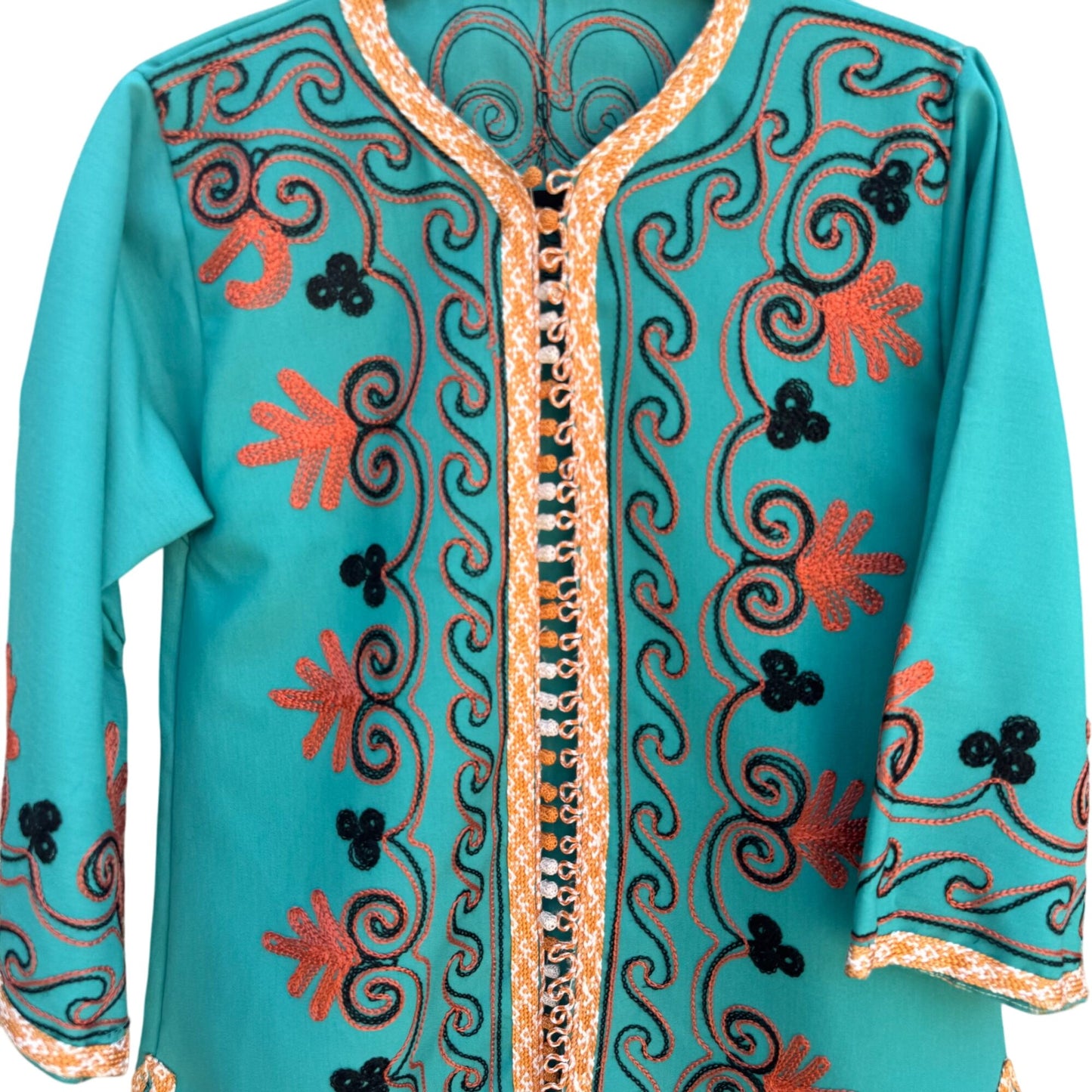 Handcrafted Vintage Womens Teal Embroidered 3/4 Sleeve Side Slit Full Button Top