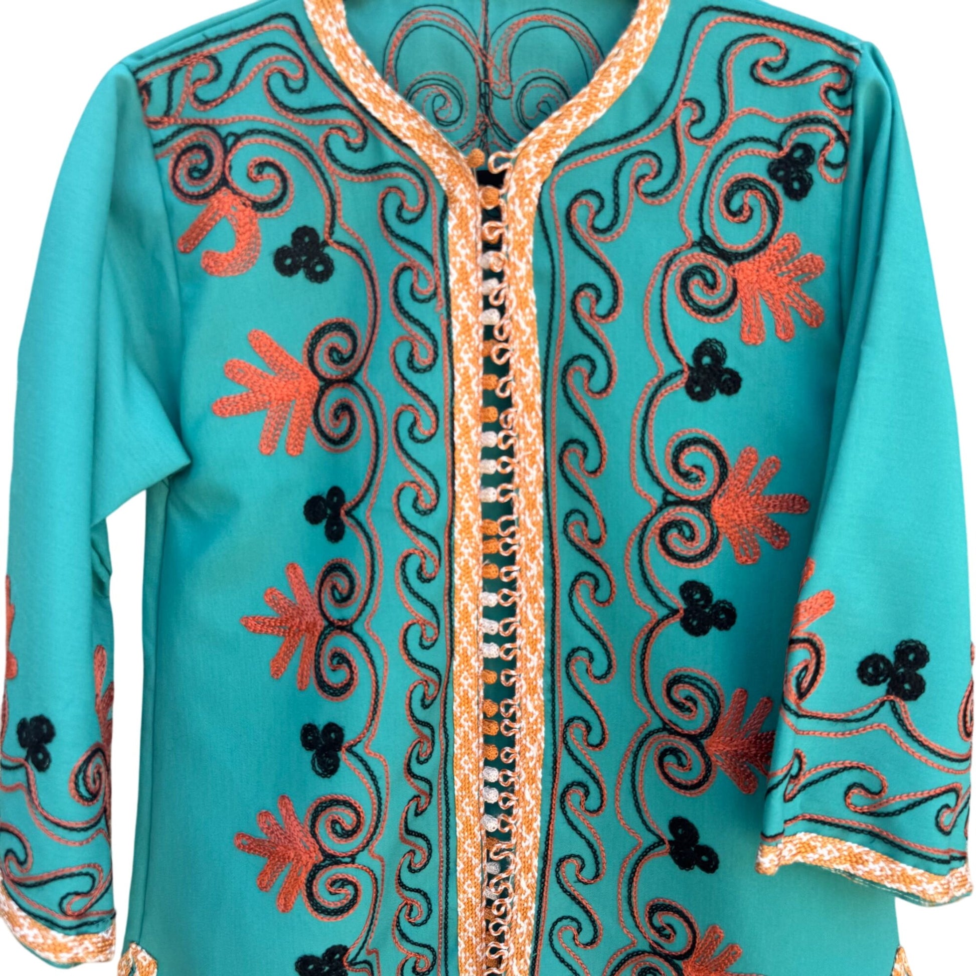 Handcrafted Vintage Womens Teal Embroidered 3/4 Sleeve Side Slit Full Button Top