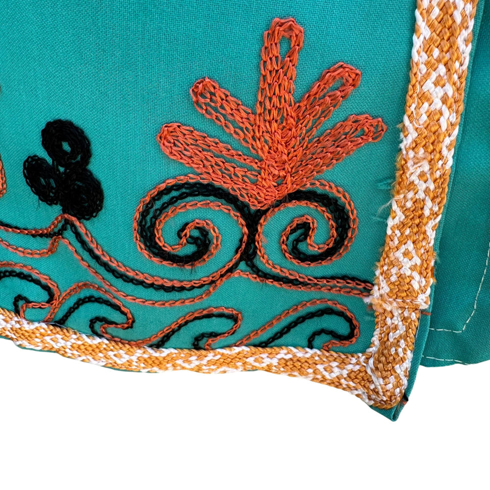 Handcrafted Vintage Womens Teal Embroidered 3/4 Sleeve Side Slit Full Button Top