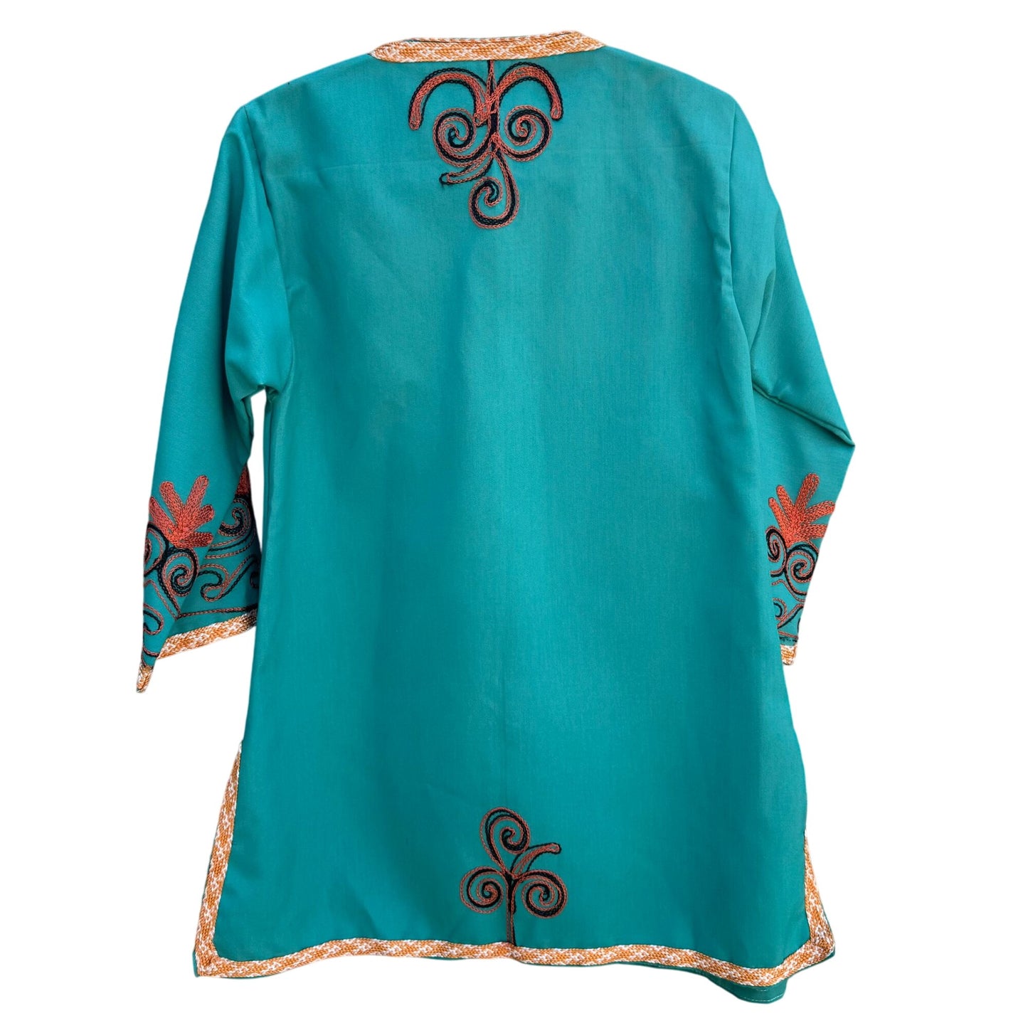 Handcrafted Vintage Womens Teal Embroidered 3/4 Sleeve Side Slit Full Button Top