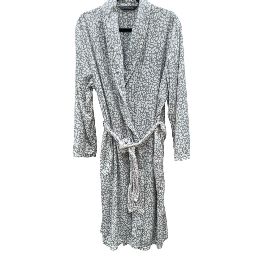 Noire Jasmine Rose Grey White Leopard Print Fleece Robe XL 727003 Shawl Collar