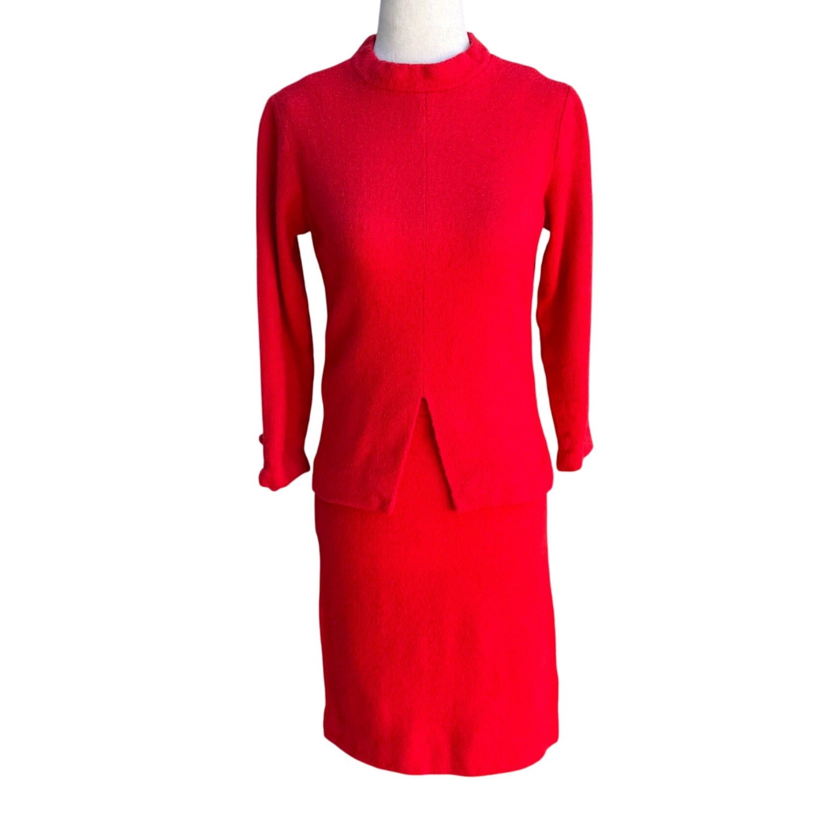 Sears Vintage 1960s Red Wool Suit Band Collar Back Zip Split Hem Top Skirt Set