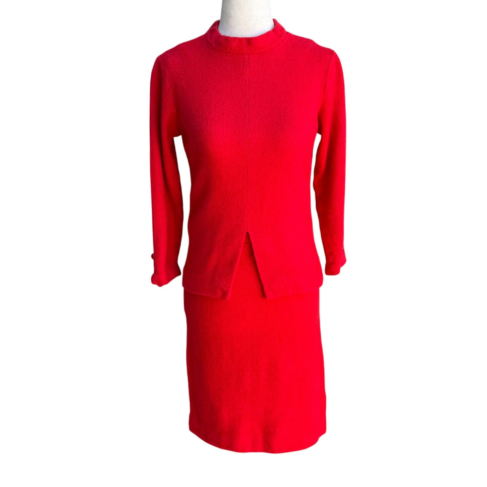 Sears Vintage 1960s Red Wool Suit Band Collar Back Zip Split Hem Top Skirt Set