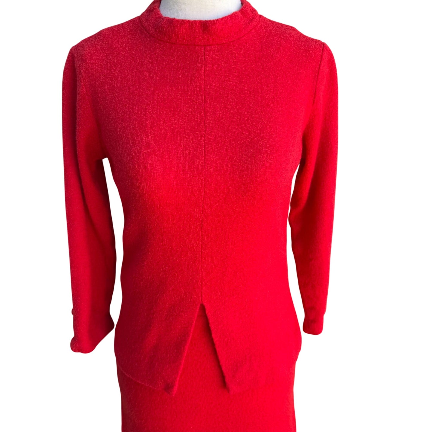 Sears Vintage 1960s Red Wool Suit Band Collar Back Zip Split Hem Top Skirt Set