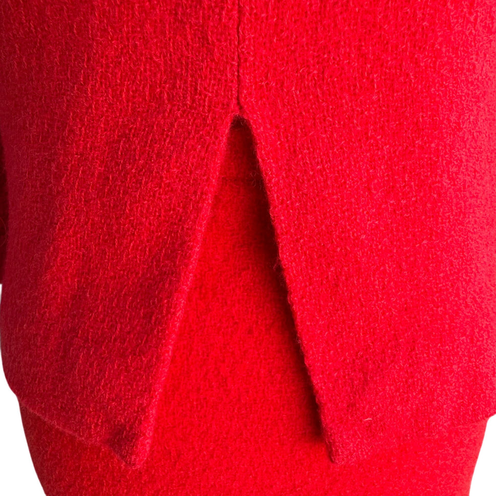 Sears Vintage 1960s Red Wool Suit Band Collar Back Zip Split Hem Top Skirt Set