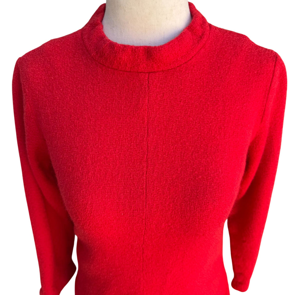 Sears Vintage 1960s Red Wool Suit Band Collar Back Zip Split Hem Top Skirt Set