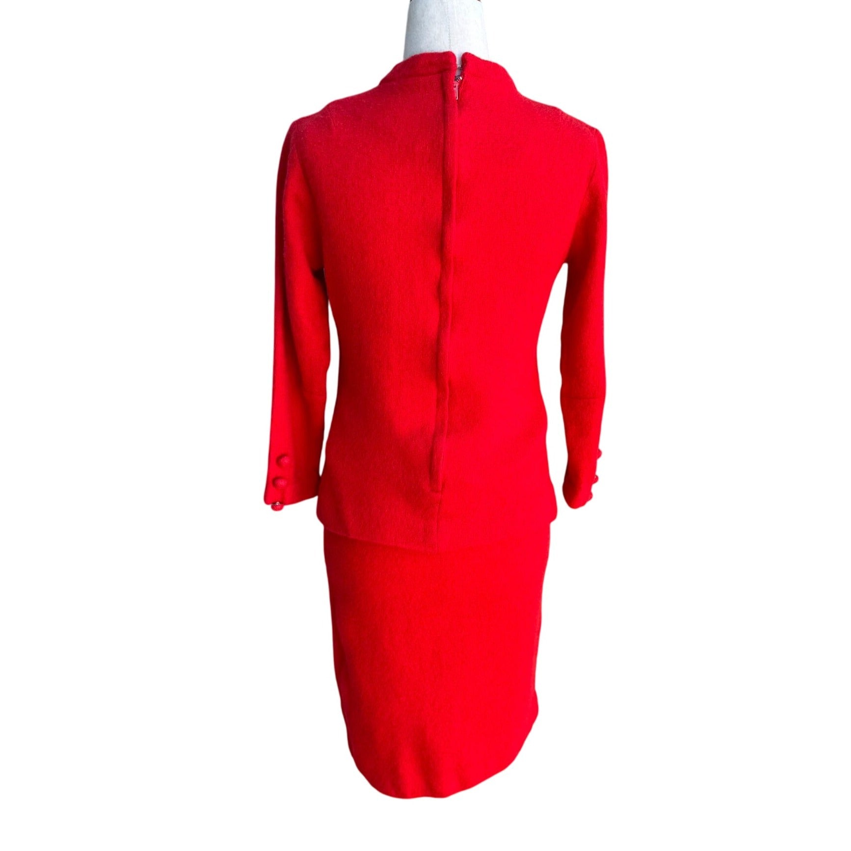 Sears Vintage 1960s Red Wool Suit Band Collar Back Zip Split Hem Top Skirt Set