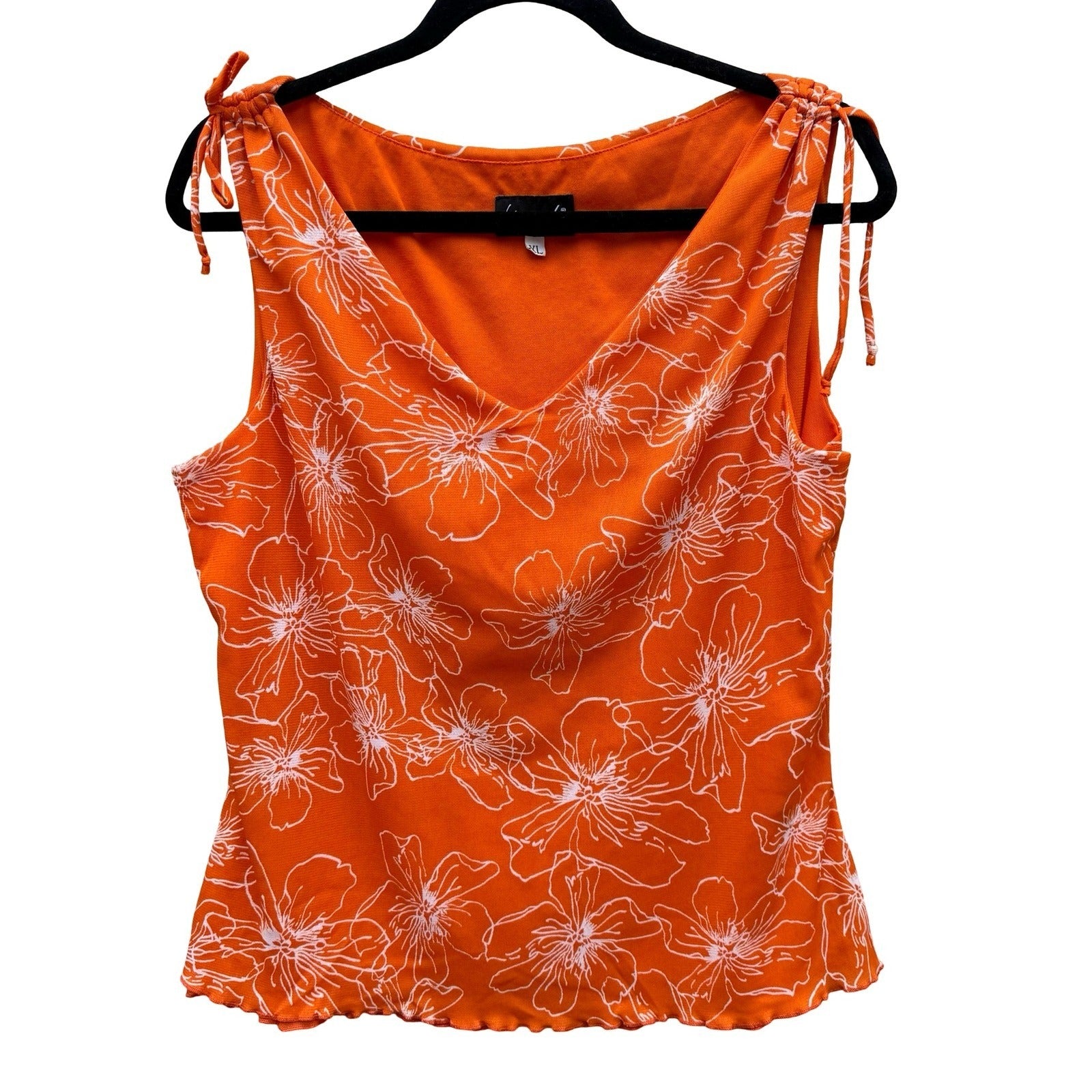 BIYAYCDA Y2K Career Orange Floral Cowl Neck Tie Shoulder Top XL Retro Tropical