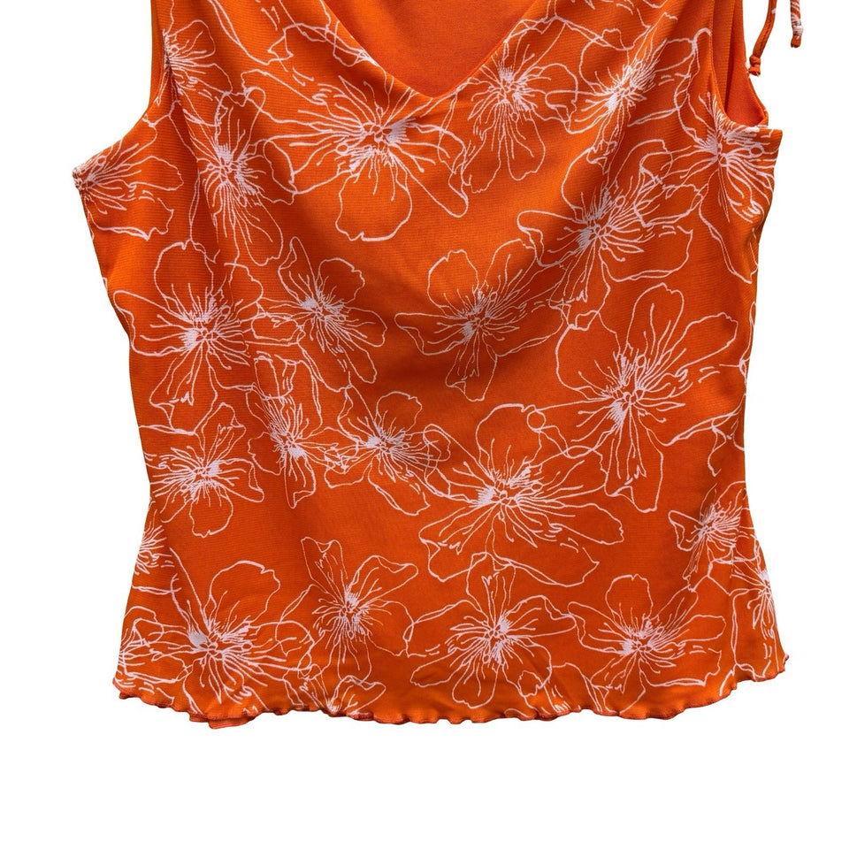 BIYAYCDA Y2K Career Orange Floral Cowl Neck Tie Shoulder Top XL Retro Tropical