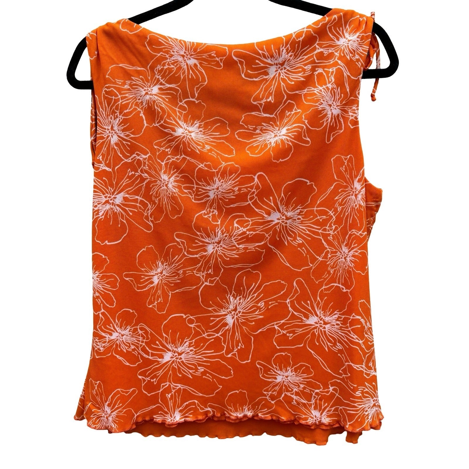 BIYAYCDA Y2K Career Orange Floral Cowl Neck Tie Shoulder Top XL Retro Tropical
