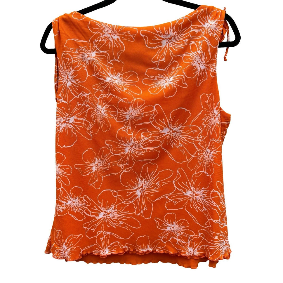 BIYAYCDA Y2K Career Orange Floral Cowl Neck Tie Shoulder Top XL Retro Tropical