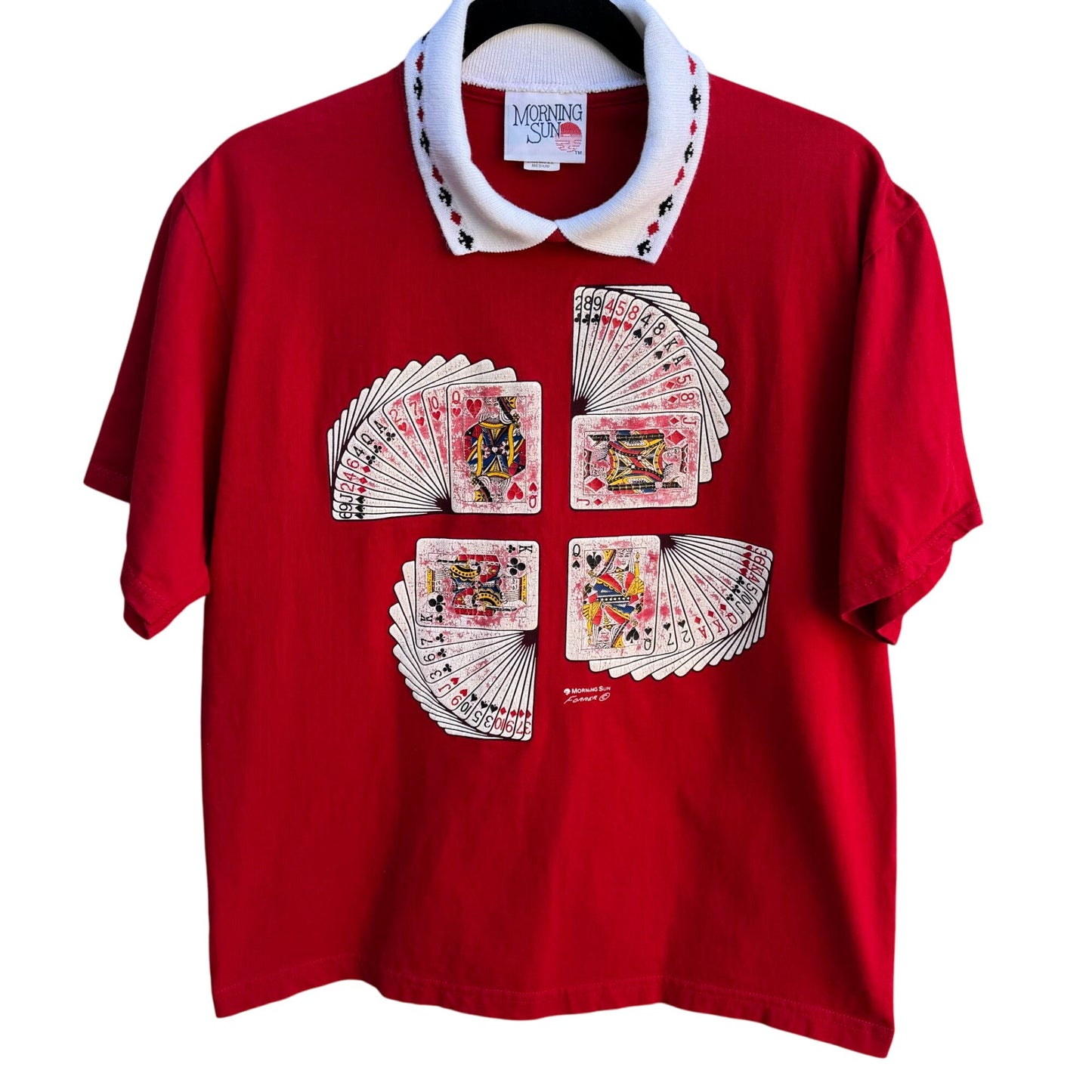 Morning Sun Vintage Poker Casino Red Playing Cards Print Polo Collar Shirt Top M