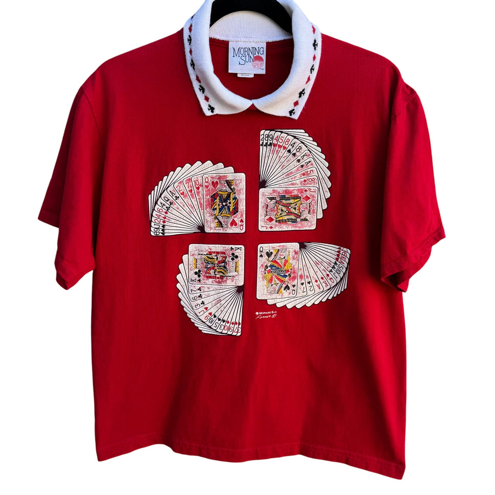 Morning Sun Vintage Poker Casino Red Playing Cards Print Polo Collar Shirt Top M