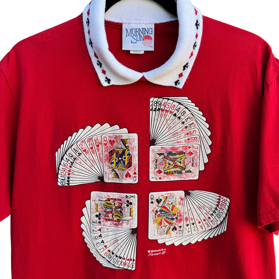 Morning Sun Vintage Poker Casino Red Playing Cards Print Polo Collar Shirt Top M
