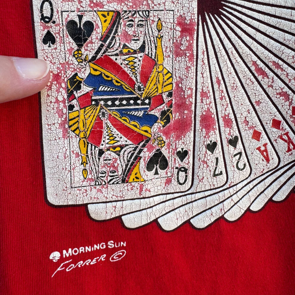 Morning Sun Vintage Poker Casino Red Playing Cards Print Polo Collar Shirt Top M